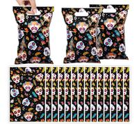 25 Pack Day of the Dead Gift Bags 25x16.5cm, Black Dia de los Muertos Party Favor Bags with Colorful Sugar Skull Designs, Small Treat Bags for Halloween, Mexican Fiesta, Cinco de Mayo Celebrations