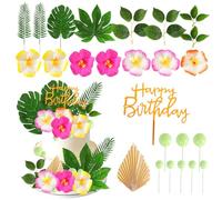 25 Pack Hawaiian Flamingo Cake Decorations,Palm Leaves,Happy Birthday Cake Topper, Pink Tropical Decoration for Birthday Wedding Baby Shower Luau
