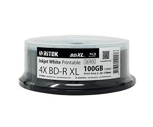25 Pack Ritek BD-R XL BDXL 100GB Archival Grade Triple Layers 4X White Inkjet Hub Printable Blank Recordable Disc in Spindle