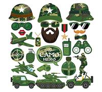 25 Pcs Army Photo Booth Props Camo Photo Booth Props with Stick, Camouflage Photo Props Camouflage Military Birthday Party Supplies Army Photography Backdrop Decorations Fighting Birthday Supplies