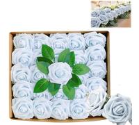 25 PCS Artificial Foam Roses Flowers with Stems & Leaves,27 Colors Real Touch Latex Foam Flowers for Wedding, DIY Bridal, Home Party Anniversaries,Valentines Day Decorations (Azure, One Size)
