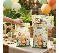 25 Pcs Cartoon Animal Pattern Gift Bags with Handles, Disposable Plastic Goodie Bag with Lion Giraffe Elephant Prints, Party Favor Bags for Kids Birthday Baby Shower Jungle Safari Party Supplies