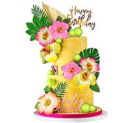 25 PCS Flower Cake Topper Hawaiian Cake Decorations with Palm Leaves Hibiscus Flowers Balls for Hawaii Aloha Jungle Summer Theme Wedding Birthday Baby Shower (Multicolour)