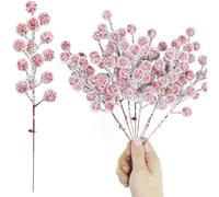 25 Pcs Frosted Red Berry Stems Holly Berry Picks Snowy, Artificial Holly Berry Stems, Glitter Christmas Tree Berries Floral Picks, for Christmas Tree Branches Fillers Ornaments Valentine Decor