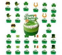25 Pcs Happy St. Patrick's Day Cake Toppers, Glitter St. Patrick's Clover Cupcake Toppers, Shamrock Cake Topper, St Patricks Day Accessories for Irish Party Supplies Accessories