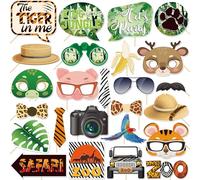25 Pcs Jungle Safari Animal Photo Booth Props Kit, Zoo Party Selfie Decorations, Baby Shower, Baby Kid Wild Birthday Party Photography Supplies