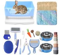 25 Pcs Large Rabbit Starter Kit, Bunny Litter Box with Drawer Animal Grooming Kit Stacking Cups Bowl Blankets Mat with Cleaning Set for Adult Guinea Pig, Ferret, Hamster, Bunnies Accessories (Blue)