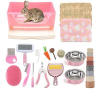25 Pcs Large Rabbit Starter Kit, Bunny Litter Box with Drawer Animal Grooming Kit Stacking Cups Bowl Blankets Mat with Cleaning Set for Adult Guinea Pig, Ferret, Hamster, Bunnies Accessories (Pink)