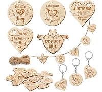 25 Pcs Little Pocket Hug Wooden Hearts Token with Hole Rope Keyring Ornaments Wood Bear Pocket Hug Engraved Token Gifts Thinking of You Present for Friend Family DIY Home Decoration