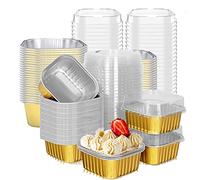 25 pcs Mini Square Baking Cups, 10 oz Aluminum Foil Mini Cake Pans with Lids, Aluminum Foil Cupcake Flan, Muffin Liners, Custard Cake Cups, Catering Gathering Favor golden
