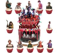 25 Pcs Stranger TV Cake Decorations with 12pcs Cupcake Toppers, 1pcs Happy Birthday Cake Topper, Perfect for Theme Party and Birthday Celebrations