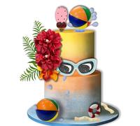 25 PCS Summer Cake Topper Hawaiian Beach Decorations with Artificial Palm Trees and Flowers for Luau Birthday Party Summer Swimming Theme Party Supplies