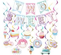 25 Pcs Two Sweet Donut Birthday Party Decorations Include Two Sweet Banner 24 Ice Cream and Donut Party Hanging Streamers 2nd Birthday Decorations for Girl Ice Cream Donut Decor