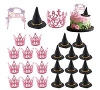 25 Pcs Witch Hat and Crown Cake Topper, Black Mini Witch Hats Pink Pearl Crown Decorations, Wicked Theme Party Favors, for Princess Birthday Royal Themed Bridal Wedding Baby Shower Party Supplies