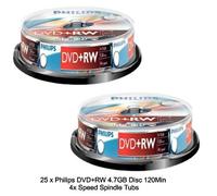 25 Philips DVD+RW 4.7GB Disc 120Min 4x Speed Spindle Tub Rewritable Blank Discs