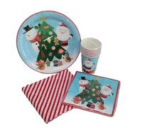 25 Piece Christmas Tableware Set - Plates, Cups, Napkins & Wipe-Clean Tablecloth - Kids Christmas Party Supplies with Santa & Snowman Design