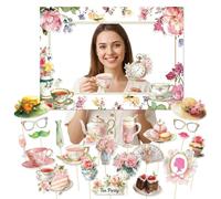 25-Piece Floral Tea Party Photo Booth Props with Selfie Frame | Includes 24 ready-to-use handheld designs and a floral frame for afternoon teas, birthdays and bridal showers.