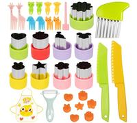 25 Pieces Fruit Vegetable Cookie Cutters Stainless Steel Cookie Cutter Mini Vegetable Cutter Set Children with Wave Cutter, 10 Pieces Cartoon Toothpicks, Children's Knife, Children's Apron