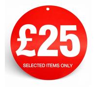 £25 Round Hanger Sale Tags 100mm Red “Selected Items Only” Retail Clothing Hanger Tickets Only, Durable Card Promotional Tags for Coat Hangers & Display Hooks, No String, Pack of 500