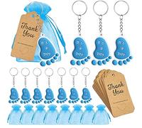 25 Sets It's a Boy Baby Footprint Keychain Baby Shower Favors for Guest Baby Shower Souvenirs Supplies and Decorations with Organza Bags Thank You Kraft Tags for Baby Shower Party Favors(Blue)