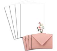 25 Sets of Letter Paper DIN A4 - Natural Paper in Cream with Rose Branches - with Envelopes DIN C6 in Dusky Pink Letter Paper - Printable - Ideal for Wedding Invitations