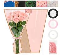 25 Sheets 18" x 11" Pink Flower Bouquet Wrapping Bags Plastic Paper Sleeves, Total 133Pcs RibbonsX3 Greeting CardsX25 Paper ClipsX80 Floral Bouquets Bag Ideal for Flowers Bar Graduation Wedding