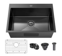 25 x 18 Inch Black Drop In Kitchen Sink, Single Bowl Kitchen Sink Topmount Prep Sink 18 Gauge Stainless Steel Kitchen Sink with Grid and Basket Strainer