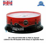 25 x Maxell DVD-RW 4.7GB 2x Speed 120min Re-Writable DVD Discs in Spindle Pack