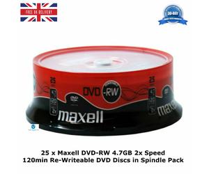 25 x Maxell DVD-RW 4.7GB 2x Speed 120min Re-Writable DVD Discs in Spindle Pack
