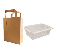 25 x Medium Brown Kraft Paper Bags with Flat Handles SOS Food Carrier Bags Gift Bags & 25 x 650ML Clear Heavy Duty Plastic Food Containers Storage Lunch Box with Lids for Packaging Takeaway Restaurant