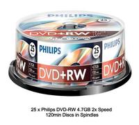 25 Philips DVD+RW 4.7GB Disc 120Min 4x Speed Spindle Tub Rewritable Blank Discs