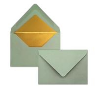 25 x Small Mini Envelopes in Eucalyptus (Green) with Gold Lining - DIN C7 - 8.1 x 11.4 cm - Wet Adhesive - 120 g/m² - Small Envelopes for Vouchers, Money Gifts