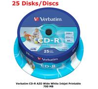 25 x Verbatim Blank CD-R 52x White CD Printable 700MB 80Mins Discs in Spindle