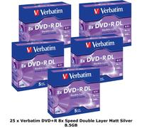 25 x Verbatim DVD+R 8x Double Dual Layer 8.5GB DL Matt Silver Discs Jewel Cased