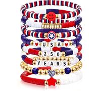 250 Anniversary Usa Merchandise 8-Piece Clay Bead Stretch Bracelets Set - Red White Blue Charm Bracelets for Women and Men, USA 250th Anniversary Merchandise, Patriotic Jewelry 4th of July Accessories