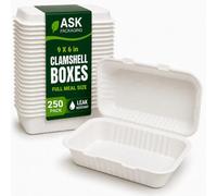 250 Pack Clamshell Takeaway Boxes 9x6 in - Disposable Bagasse Food Container for Fish & Chips - 900ml Microwave Safe Food Packaging Meal Boxes for Parties Picnic Catering Restaurant Office Home