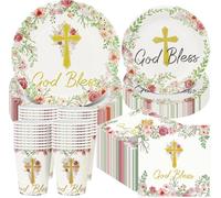 250 Pcs Baptism Cross Tableware Set, Baptism First Holy Communion Cups Napkins and Paper Plates for Christening Celebration Baby Shower Religious Supplies - Pink