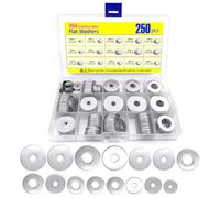 250 Pcs Flat Washer Set, Stainless Steel Flat Penny Washers for Screws and Bolts, 15 Sizes M3 M4 M5 M6 M8 M10 M12