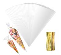 250 Pcs Sweet Cone Bags with 8 cm Gold Twist Ties, 16 x 30cm Crystal Clear Cellophane Treat Bags, Triangle Bags Snacks Wrapping Resealable for Candy Cookie Chocolate Nuts Gifts