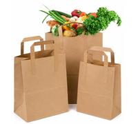 250 Small Brown Kraft Paper Bags with Handles | 8.5x7x3 | 70 GSM -Thickness | SOS Takeaway Lunch Grocery Gift | Take Away Bags for Shopping Store Bakery Restaurants
