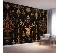 250 X 175 Cm Photo Wallpaper Fantasy Premium Wall Mural Poster - Golden Yellow Deer Head Plants Non-Woven Large Decorative Wallpaper for Children's Room Living Room Home