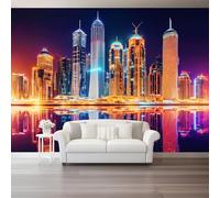250 X 175 Cm Photo Wallpaper Modern City Premium Wall Mural Poster - Orange Skyscrapers City Skyline Non-Woven Large Decorative Wallpaper for Children's Room Living Room Home