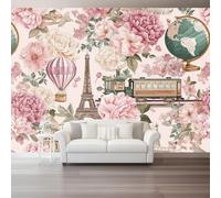 250 x 175 cm Wall Mural Custom, Trains Parisian Architecture Pink Plants Retro Non-Woven Photo Wallpaper for Bedroom Living Room Kids Bedroom Restaurant Decor, 3D Aesthetic Backdrop