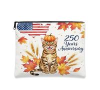 250 Years Bengal Cats Makeup Bag, Fall Maple Leaves Cosmetic Travel Pouch for Women, Portable Small Canvas Zipper Organizer, Patriotic Toiletry Bag 7x9 Inch
