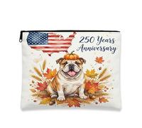 250 Years Bulldog Dog Makeup Bag, Fall Maple Leaves Cosmetic Travel Pouch for Women, Portable Small Canvas Zipper Organizer, Patriotic Toiletry Bag 7x9 Inch