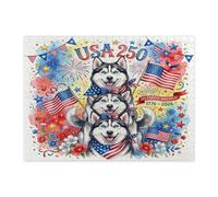 250 Years Husky Dog Jigsaw Puzzles for Adults 500 Pieces, 4th of July Floral Decorative Puzzles, American Decorations for Family Entertainment Party Gift