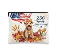 250 Years Lakeland Terrier Dog Makeup Bag, Fall Maple Leaves Printed Cosmetic Travel Pouch for Women Girls, Patriotic Portable Small Canvas Zipper Organizer 7x9 Inch