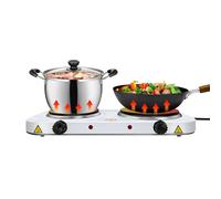 2500W Double Hotplate Table Top Cooking Hob with Control-5-Temperature Settings and Power Indicator Portable Cast Iron Heating Plate for Warming/Cooking/Boiling Easy to Clean - White