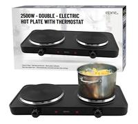 2500w Electric Double Hot Plate with Thermostat - Table Top Portable Hob Plate | Ideal for Camping, Caravans, Travelling | Overheat Protection, Non-Slip Rubber Feet, Neon Power Indicator - Black