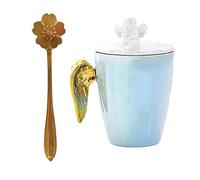 250ml/8.5oz Creative Angel Wings Ceramic Mug For Couples With Lids Office Milk Coffee Cup-Blue Angel - Golden Wings+Spoon